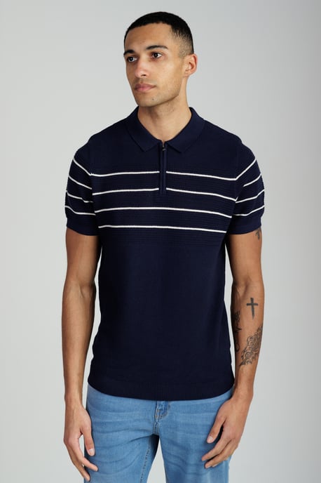 Dark Navy Knitted Stripe Short Sleeve Zip-Up Polo Shirt - Image 1