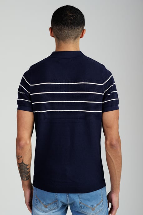 Dark Navy Knitted Stripe Short Sleeve Zip-Up Polo Shirt - Image 2