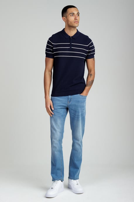 Dark Navy Knitted Stripe Short Sleeve Zip-Up Polo Shirt - Image 3