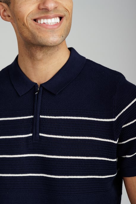 Dark Navy Knitted Stripe Short Sleeve Zip-Up Polo Shirt - Image 4