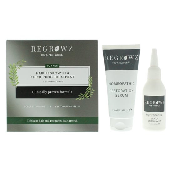 Regrowz Hair Regrowth & Thickening Treatment Three Month Program For Men - Scalp Stimulant 75ml - Restoration Serum 75ml - Comb - Image 1