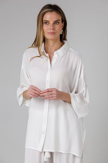 White Crinkle Trim Oversized Short Sleeve Button Up Shirt - Image 1