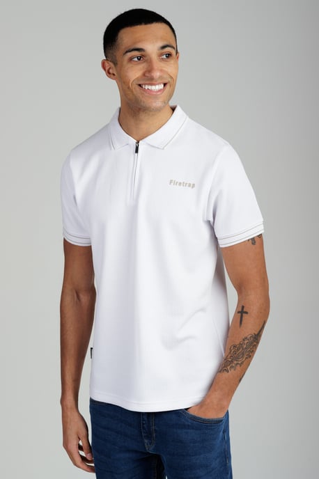 White Regular Fit Textured Zip Up Polo Shirt - Image 1