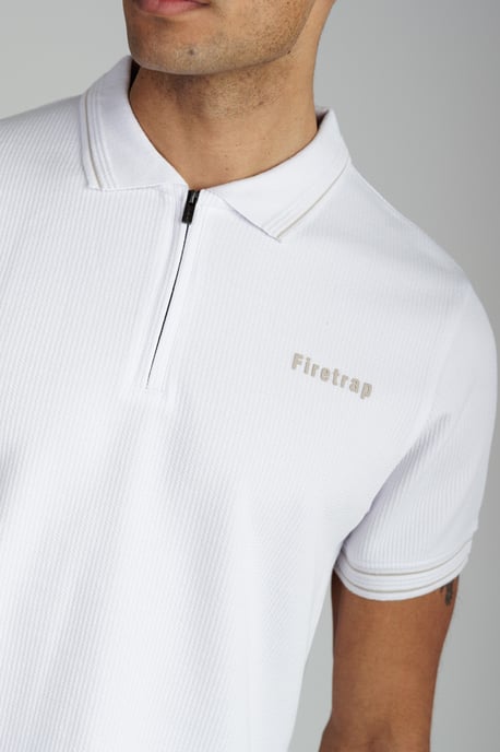 White Regular Fit Textured Zip Up Polo Shirt - Image 3