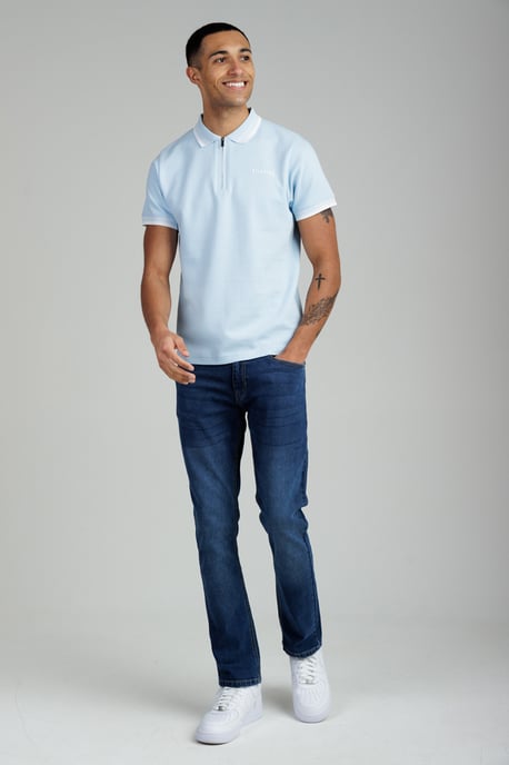 Light Blue Regular Fit Cotton Ottoman Zip Polo - Image 4