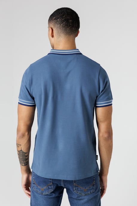Mid Blue Regular Fit Cotton Button Polo Shirt With Contrast Trim - Image 2