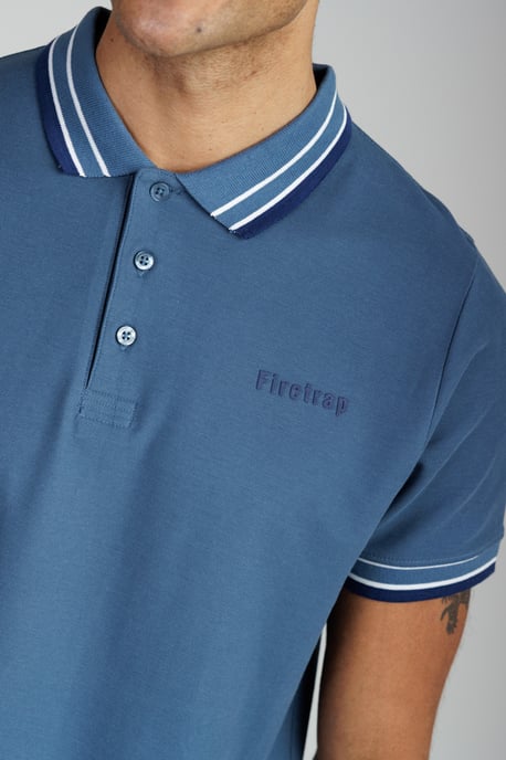 Mid Blue Regular Fit Cotton Button Polo Shirt With Contrast Trim - Image 3