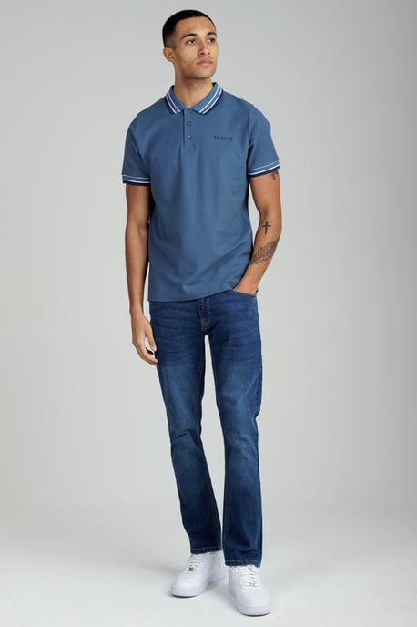 Mid Blue Regular Fit Cotton Button Polo Shirt With Contrast Trim - Image 4