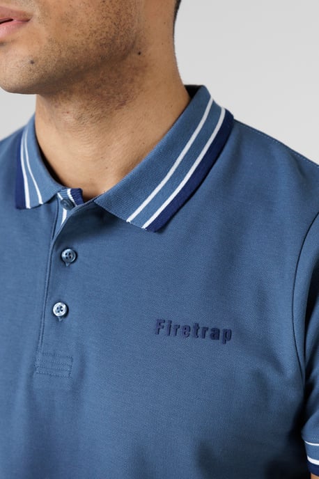 Mid Blue Regular Fit Cotton Button Polo Shirt With Contrast Trim - Image 5