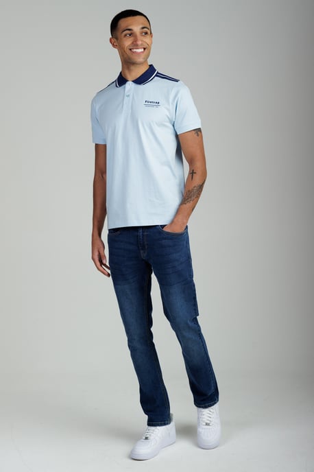 Light Blue Regular Fit Cotton Jersey Polo With Taping - Image 4