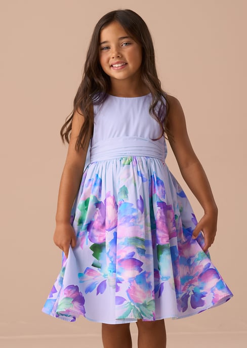 Elisa Purple Print Border Bow Back Dress - Image 1