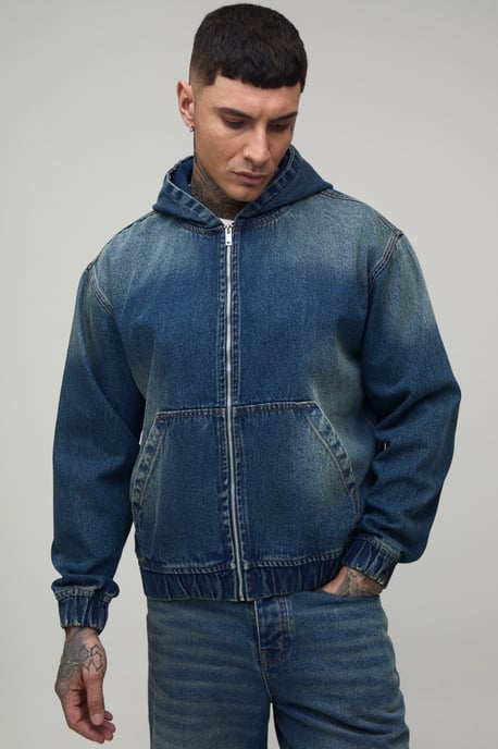 Tall Washed Denim Zip Up Hoodie - Image 1