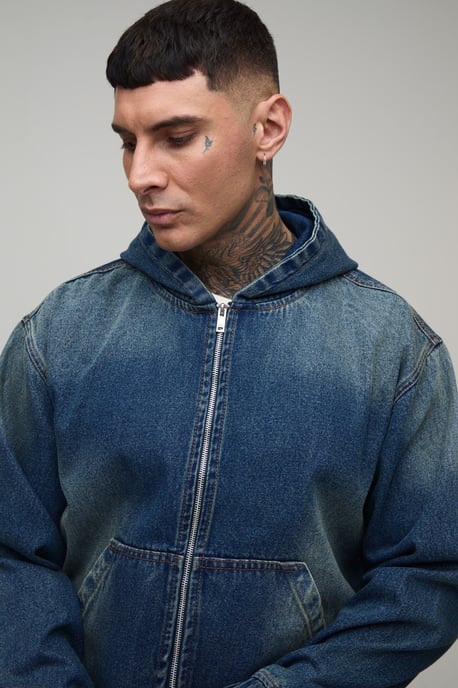 Tall Washed Denim Zip Up Hoodie - Image 3