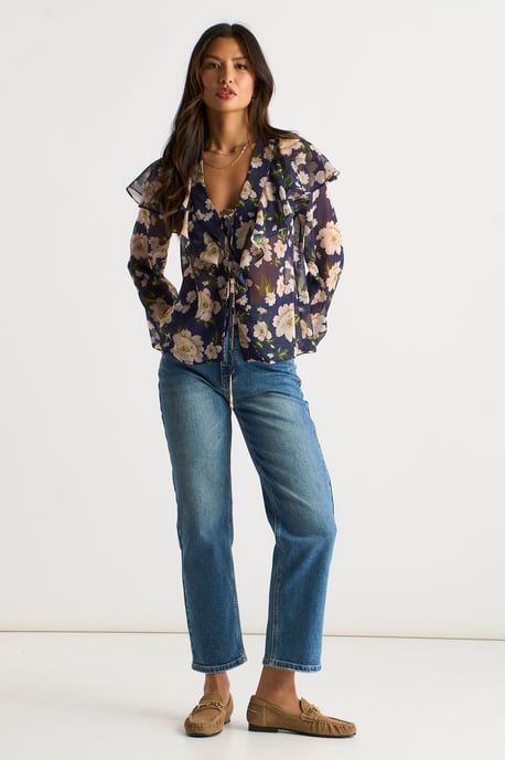 Navy Floral Ruffle Front Blouse - Image 1