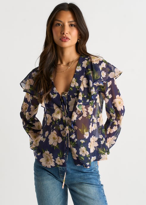 Navy Floral Ruffle Front Blouse - Image 2