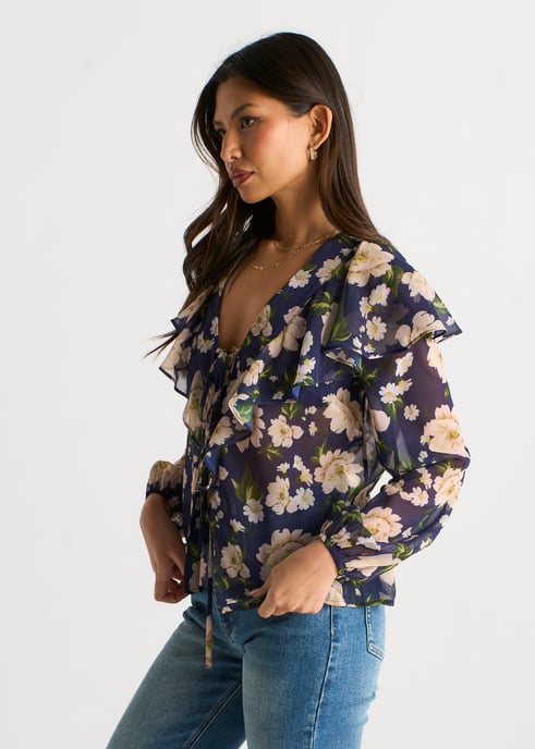 Navy Floral Ruffle Front Blouse - Image 3