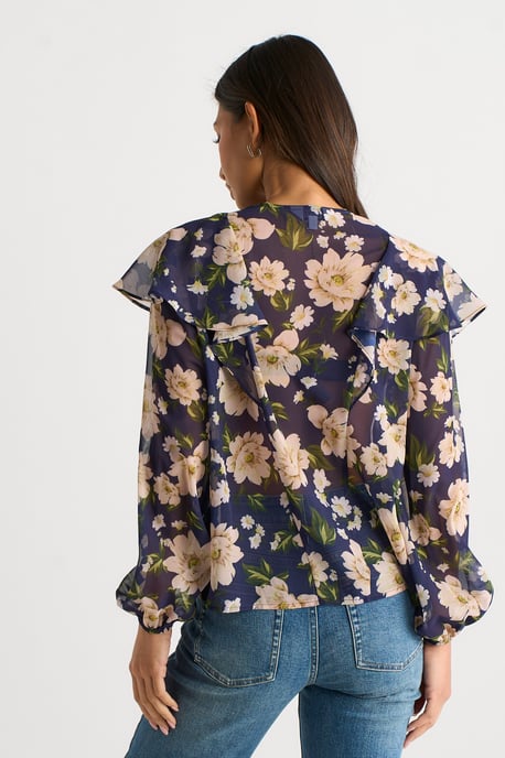 Navy Floral Ruffle Front Blouse - Image 4