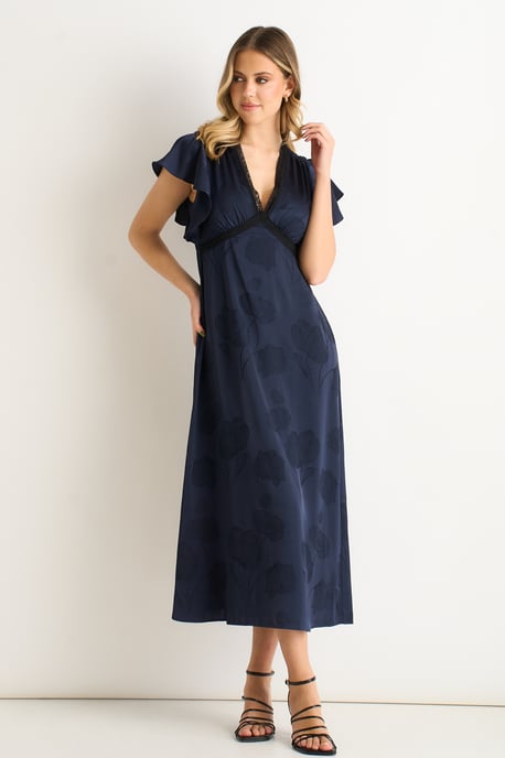 Midi-klänning i marinblå satin med jacquardmönster och spetskant - Image 1