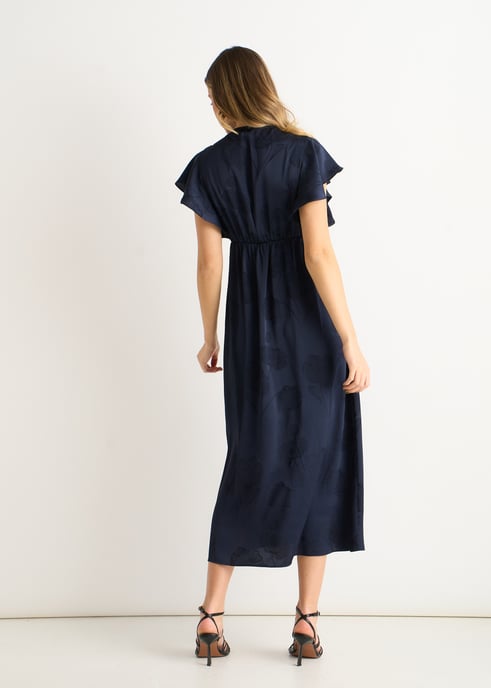 Midi-klänning i marinblå satin med jacquardmönster och spetskant - Image 4