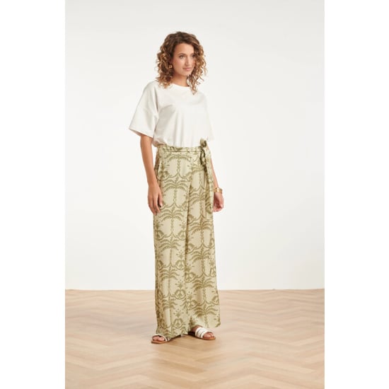Smashed Lemon Wijde broek met groene palmprint en strikceintuur | - Image 6