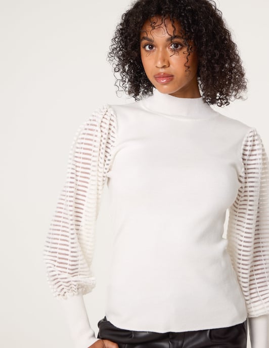 Semi-Sheer Mesh Panel Long Sleeve Jumper - Image 1