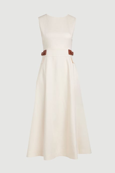 Tailored Linen Tab Waist Detail Full Skirt Midi Dress - Image 1