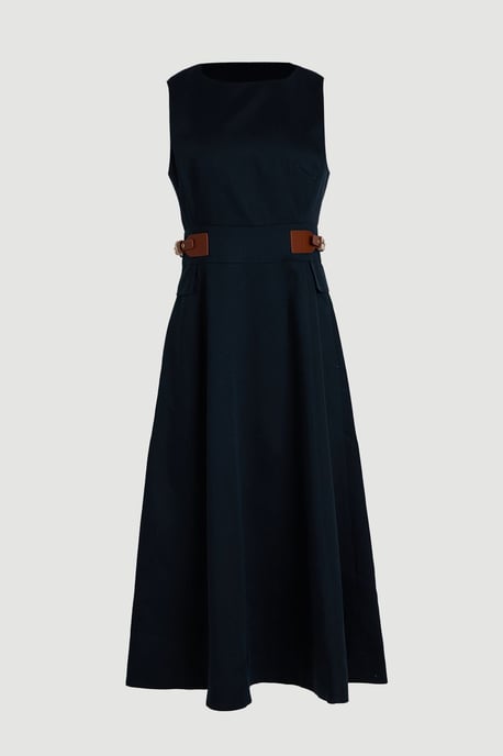 Tailored Linen Tab Waist Detail Full Skirt Midi Dress - Image 1