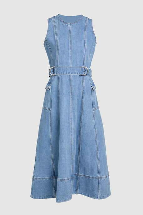 Denim Dropped Waist Full Skirted Midi Dress - Image 1