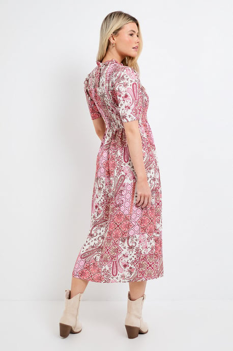 Pink Paisley Shirred Bodice Drop Waist Midi Dress - Image 3