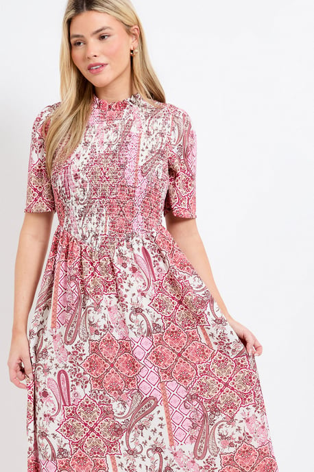 Pink Paisley Shirred Bodice Drop Waist Midi Dress - Image 4