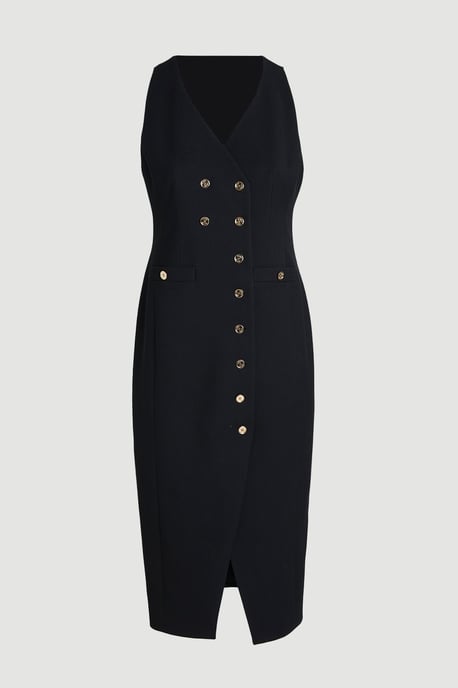 Plus Size Textured Compact Stretch V Neck Button Detail Midi Dress - Image 2