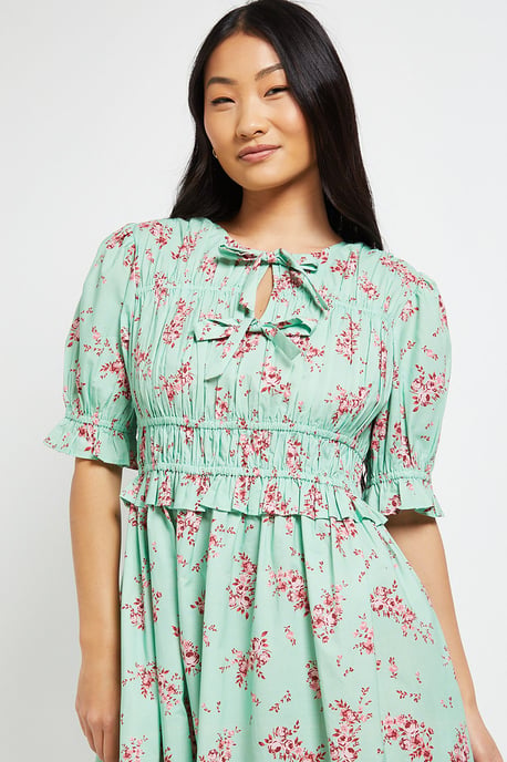 Petite Tie Front Frill Sleeve Printed Poplin Midi Dress - Image 4
