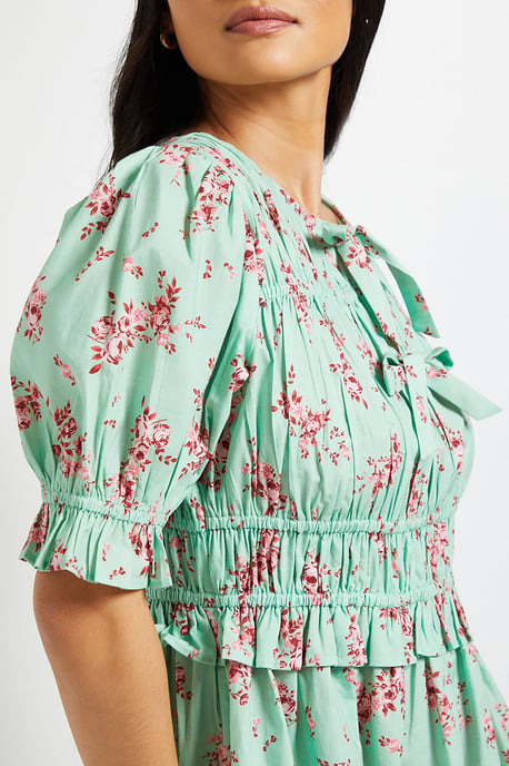 Petite Tie Front Frill Sleeve Printed Poplin Midi Dress - Image 5