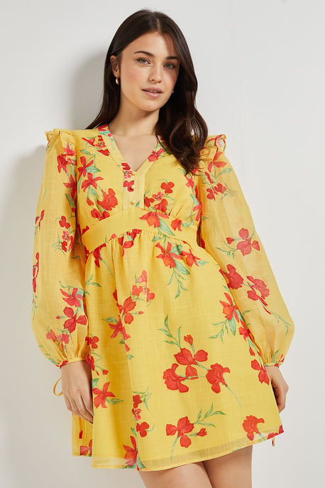 Yellow Floral Printed Frill Detail Blouson Sleeve Mini Dress - Image 1