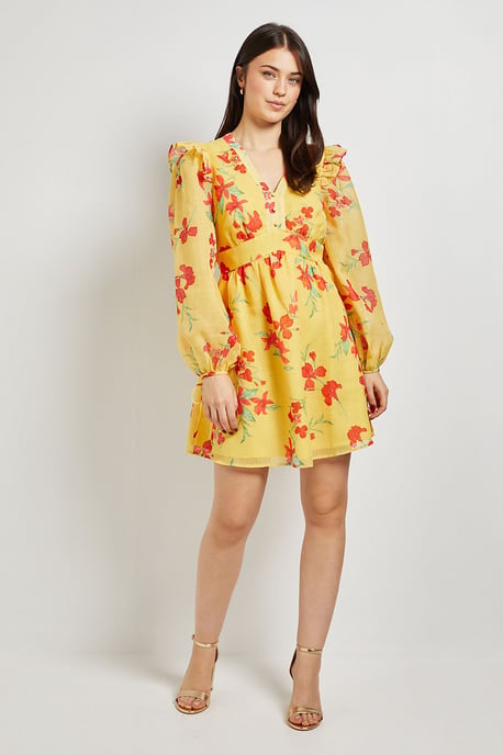 Yellow Floral Printed Frill Detail Blouson Sleeve Mini Dress - Image 2