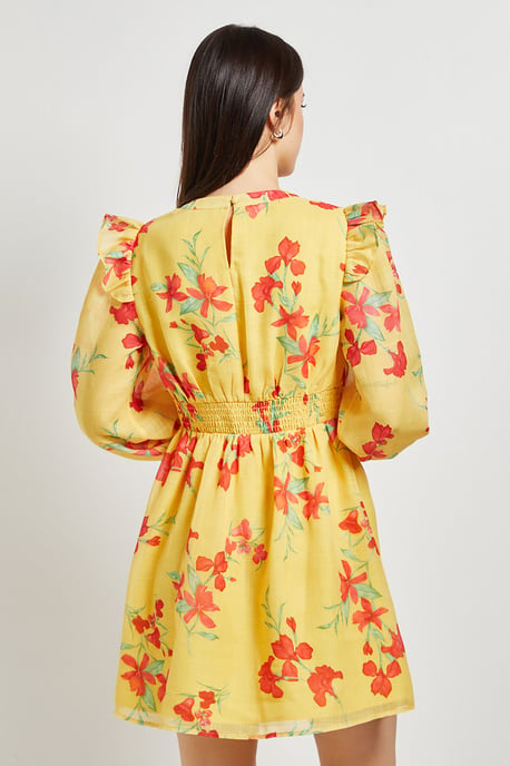 Yellow Floral Printed Frill Detail Blouson Sleeve Mini Dress - Image 3