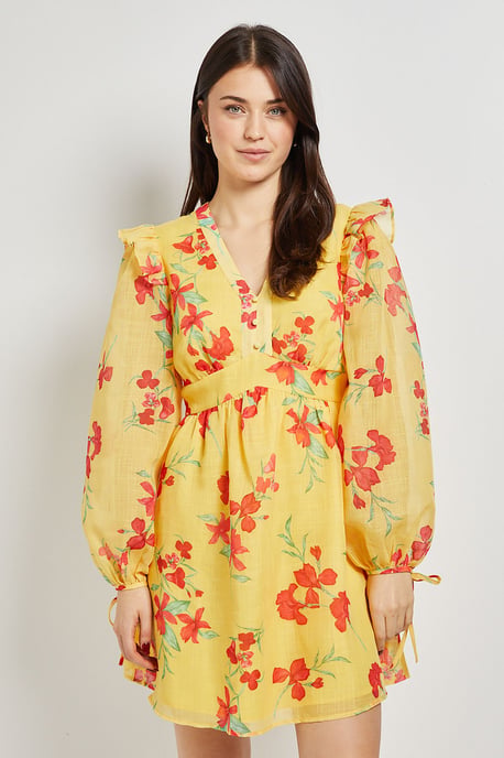 Yellow Floral Printed Frill Detail Blouson Sleeve Mini Dress - Image 4