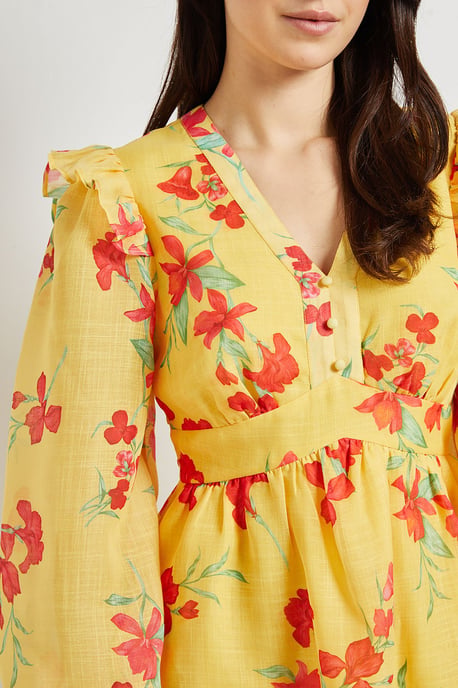 Yellow Floral Printed Frill Detail Blouson Sleeve Mini Dress - Image 5