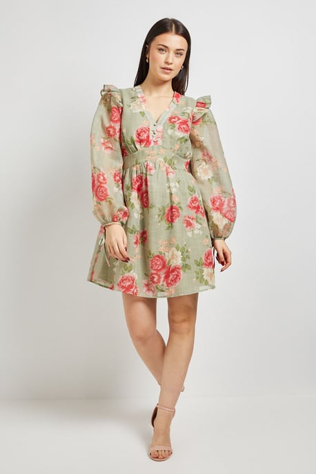 Green Floral Printed Frill Detail Blouson Sleeve Mini Dress - Image 1