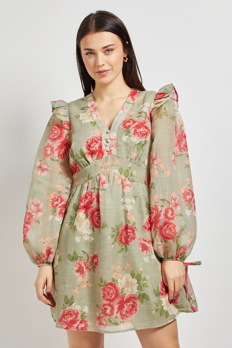 Green Floral Printed Frill Detail Blouson Sleeve Mini Dress - Image 2