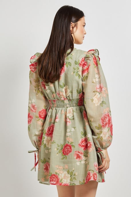 Green Floral Printed Frill Detail Blouson Sleeve Mini Dress - Image 3