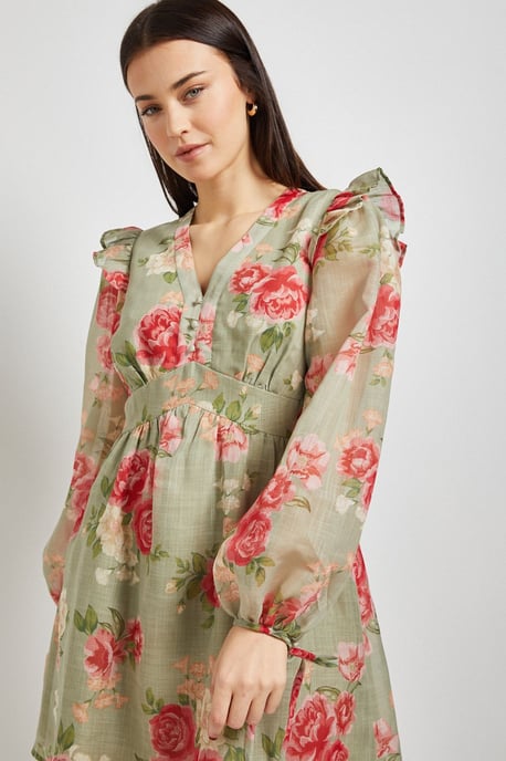 Green Floral Printed Frill Detail Blouson Sleeve Mini Dress - Image 4