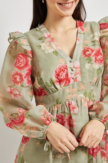 Green Floral Printed Frill Detail Blouson Sleeve Mini Dress - Image 5