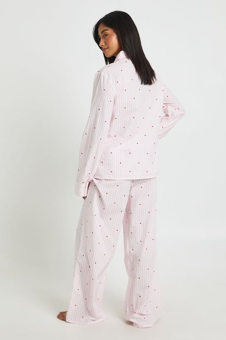 Petite Cotton Poplin Pinstripe Heart Print Long Sleeve Shirt & Trouser Pyjama Set - Image 2