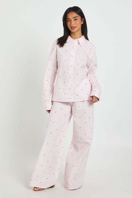 Petite Cotton Poplin Pinstripe Heart Print Long Sleeve Shirt & Trouser Pyjama Set - Image 3