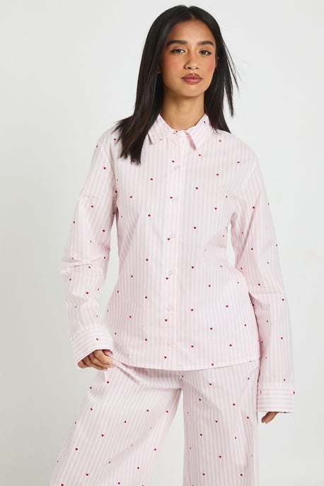 Petite Cotton Poplin Pinstripe Heart Print Long Sleeve Shirt & Trouser Pyjama Set - Image 4