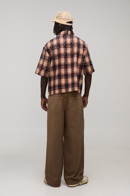 Boxy Jewel Rhinestone Half Sleeve Check Shirt - Image 2