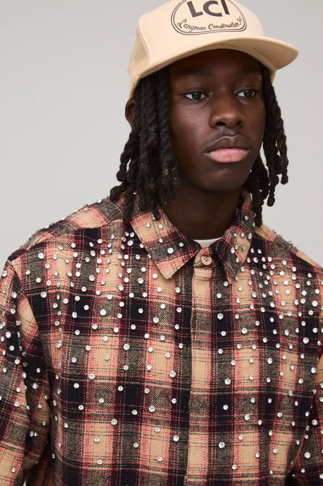 Boxy Jewel Rhinestone Half Sleeve Check Shirt - Image 3