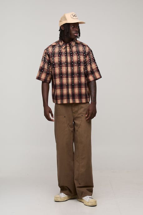 Boxy Jewel Rhinestone Half Sleeve Check Shirt - Image 4