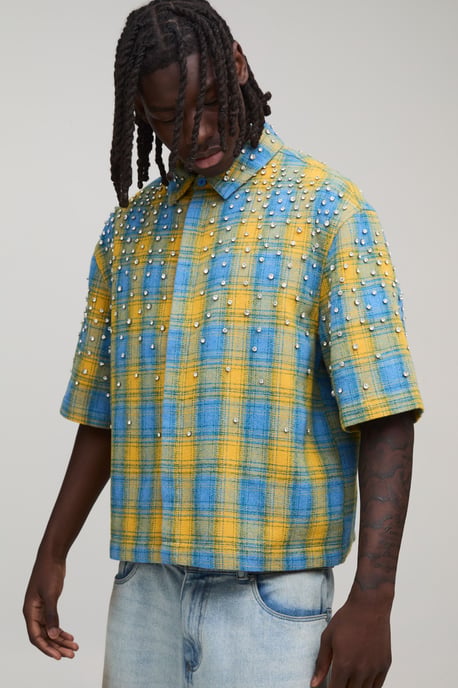 Boxy Jewel Rhinestone Half Sleeve Check Shirt - Image 1